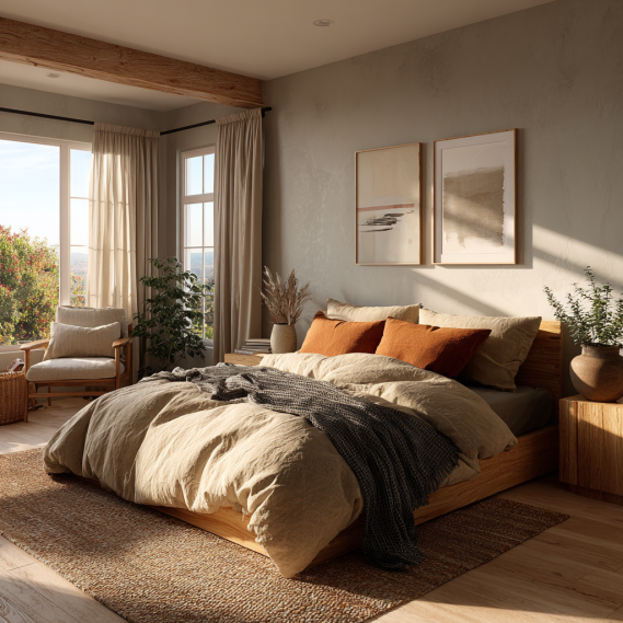 Sunlight streaming through curtains into a cozy bedroom with light wooden furniture in a custom home.