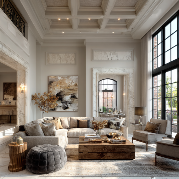 A spacious luxury custom home living room interior in Los Angeles with high ceilings and timeless design.