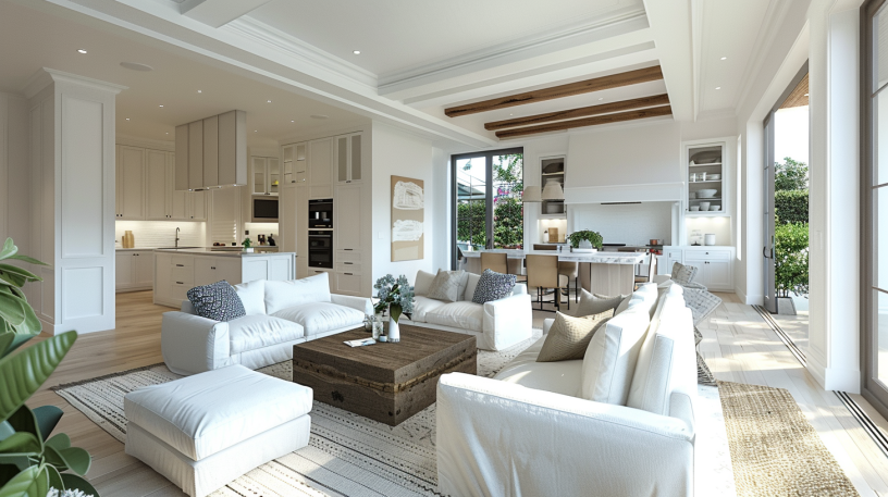 Front view of a small, modern coastal designing custom home highlighting natural light and simple landscaping