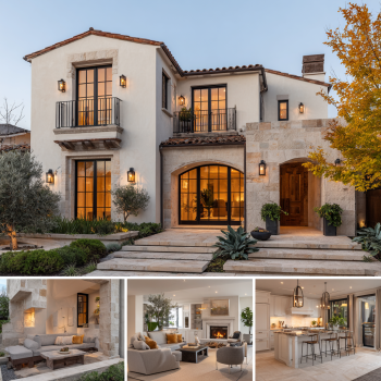 Detailed shot emphasizing the clean geometric architecture and warm wood cladding of a custom homes design in Coto de Caza residence.