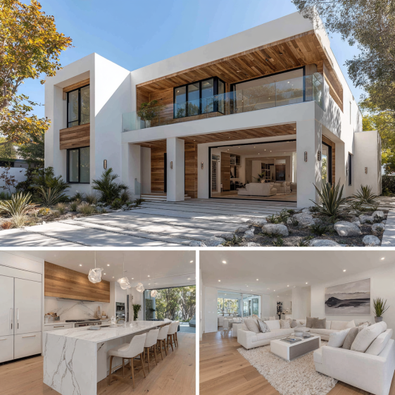 Luxury Custom Home Design in Beverly Hills exterior with natural wood, grey stone walls, and a minimalist Zen-style garden path.
