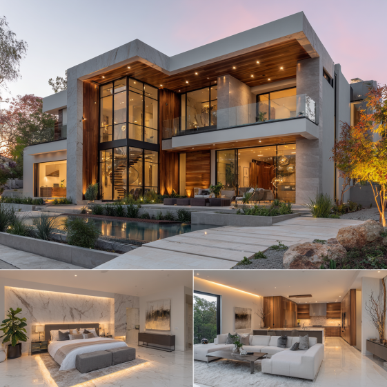 Oversized infinity-edge pool and layered landscaping at a modern Custom Home Design in Beverly Hills.