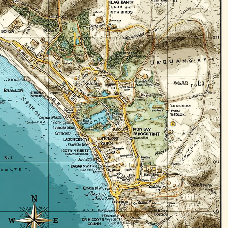 Detailed laguna beach map showing all coastal access points, popular beaches, and lifeguard towers.