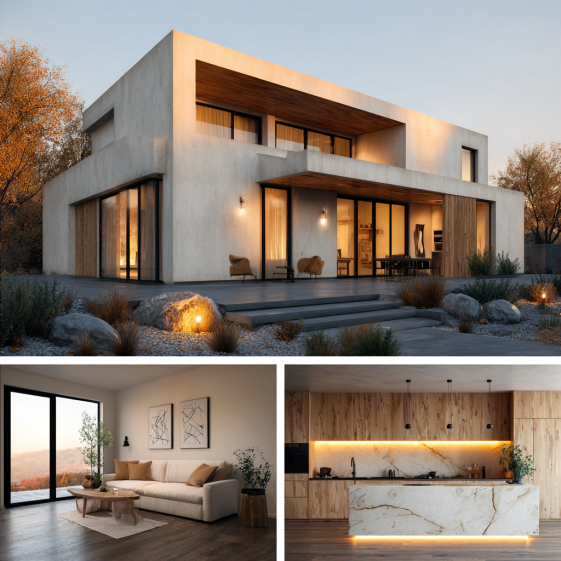 Modern luxury home exterior with clean lines, large windows, and warm wood accents, reflecting Custom Home Design in Beverly Hills.