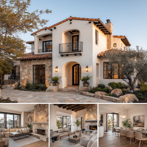 Exterior photo of a luxury custom homes design in Coto de Caza equestrian estate, featuring wood cladding and large glass windows.