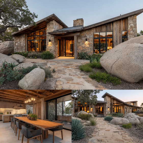 Exterior of a sprawling California Ranch custom homes design in Coto de Caza, showcasing natural stone and warm wood siding.