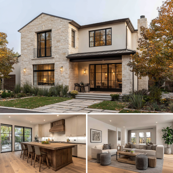 Exterior view of a luxurious transitional custom homes design in Coto de Caza with light stone and black windows.