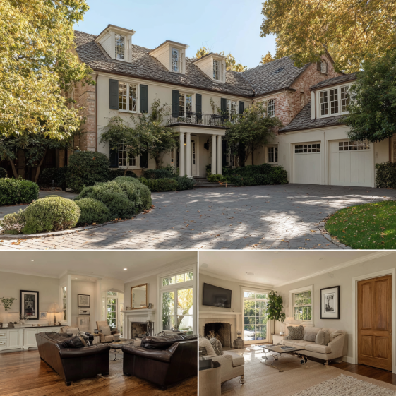 Exterior view of a luxury traditional custom homes design in Coto de Caza with symmetrical features, columns, and a gabled roof.
