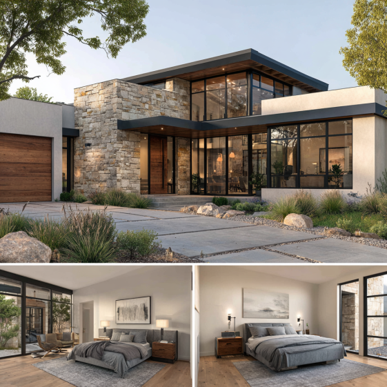 View from the open courtyard of the custom home, showing the connection between the residence and the horse stables/riding arena.