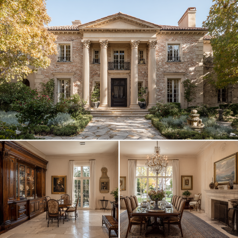 Exterior photo of a classic traditional custom homes design in Villa Park, featuring Corinthian columns and brick accents under soft afternoon light.