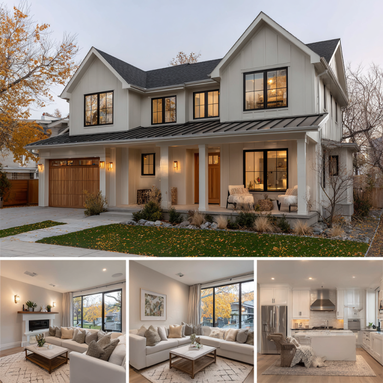 Exterior photo of a contemporary custom homes design in Yorba Linda blending classic stucco with sleek modern lines and large windows.