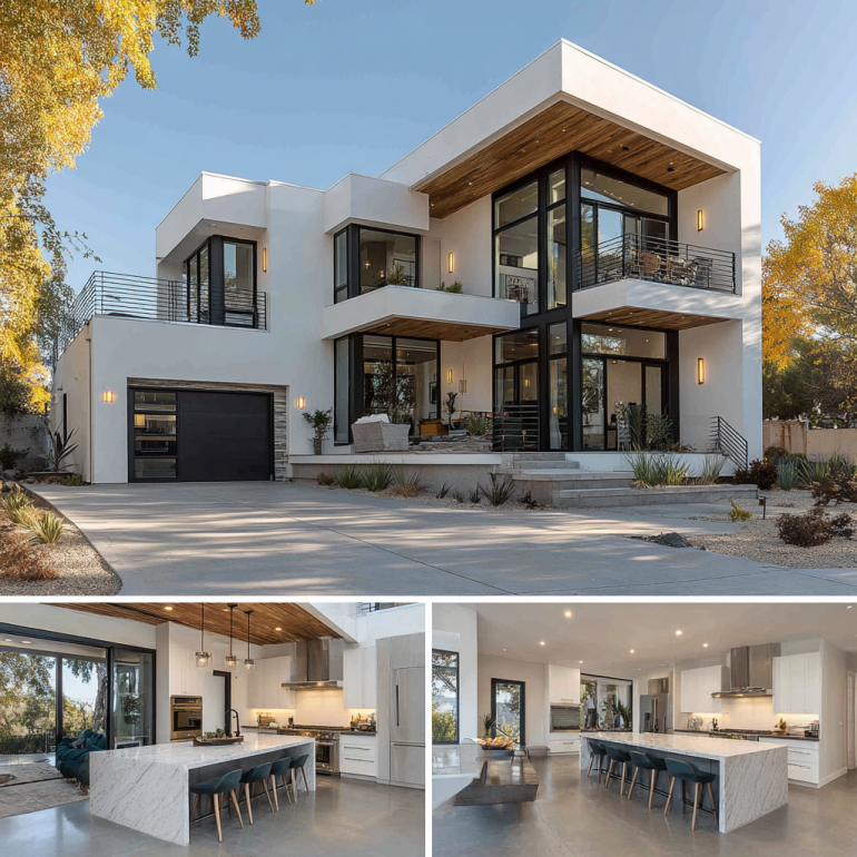 Architectural rendering of a modern luxury custom homes design in Yorba Linda with flat roofs, glass walls, and a cantilevered balcony.