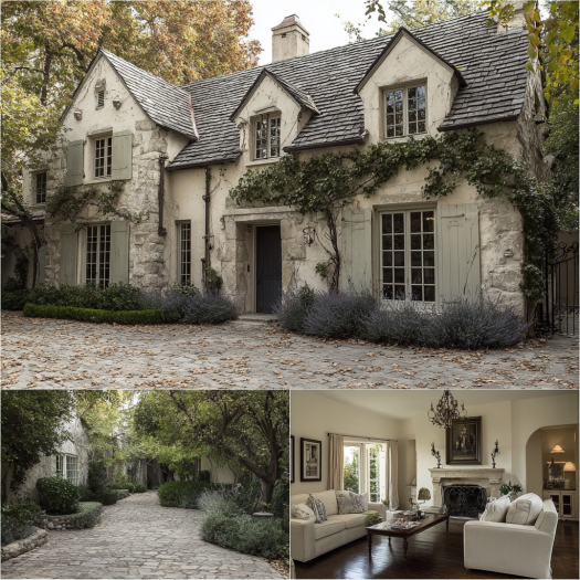 Exterior photo of an elegant stone and stucco French country style home, representing custom homes design in Yorba Linda.