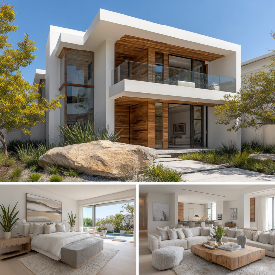 Zen-inspired Japandi exterior of a Custom Home Design in Beverly Hills featuring natural wood cladding and large windows.