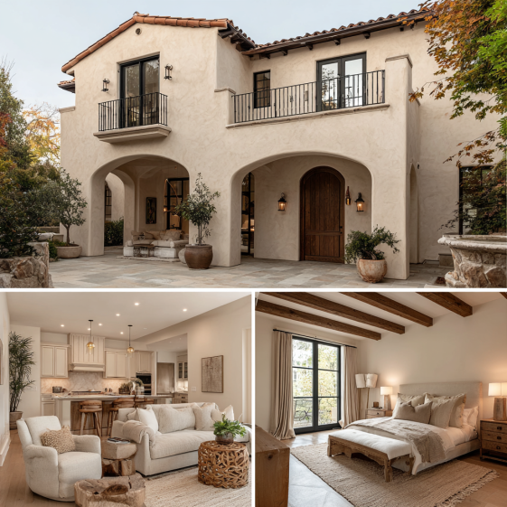 Elegant central courtyard with a large fountain and wrought-iron railings in a custom home design in Beverly Hills.