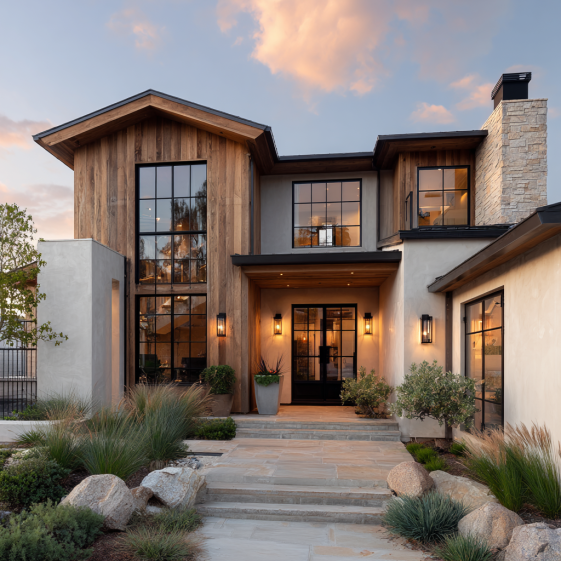Close-up on the black steel windows and warm wood cladding of a luxury custom homes design in Coto de Caza under soft sunlight.
