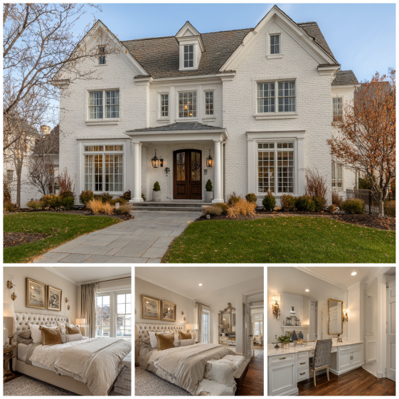 Exterior view of a luxury traditional custom homes design in San Clemente with a symmetrical façade, white columns, and manicured landscaping.