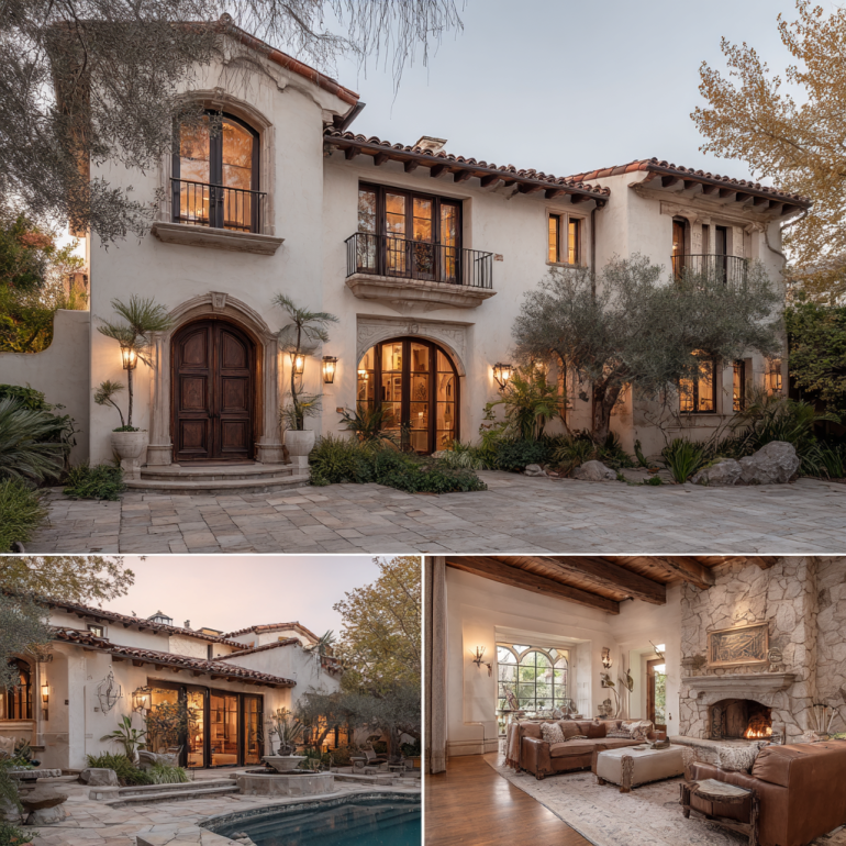 Professional architectural photo of a luxurious Mediterranean custom homes design in Villa Park at golden hour.