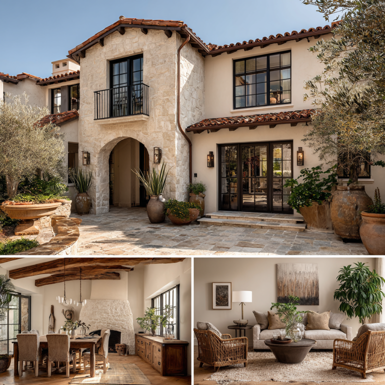 Exterior of a timeless Mediterranean-style custom homes design in Yorba Linda, showcasing warm ivory stucco and a lush courtyard.