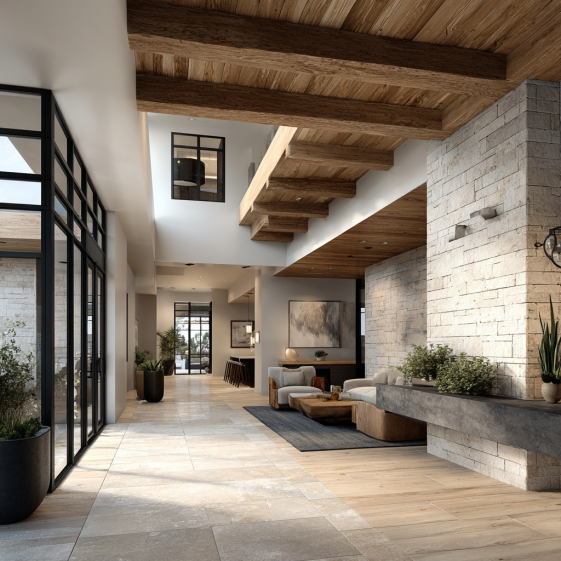 Exterior view of a modern custom-designed house in Irvine, California, featuring a clean-lined, neutral-colored stone façade.