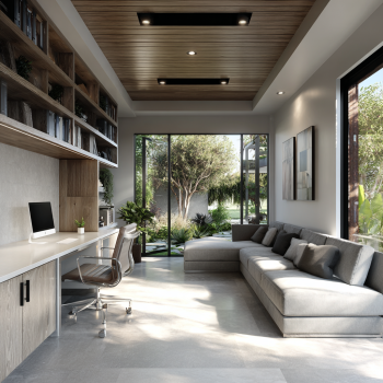 Interior view of a serene Irvine custom home: neutral palette, bold accents, indoor garden, and glass wall to the outdoor lounge area.