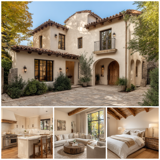 Modern living room interior with arched windows, creamy palette, and stone fireplace in a luxury custom home design in Beverly Hills.