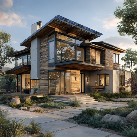 Exterior view of a modern custom home in Irvine with large windows and integrated smart home controls visible on a panel.