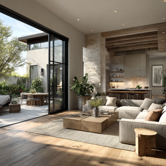 Detailed, photorealistic rendering showing the natural light flooding the open-floor living space of an Irvine custom home project.