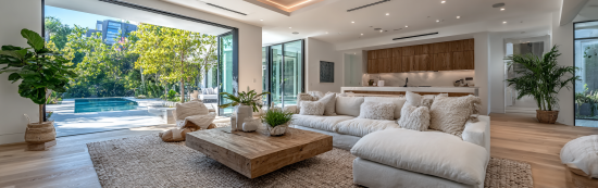 Spa-like luxury bathroom with stone wall textures and warm indirect lighting in a high-end Custom Home Design in Beverly Hills.