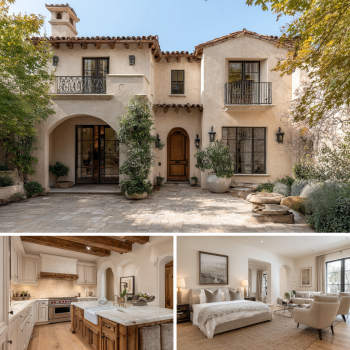 Large central courtyard with a decorative fountain and arched entryways in a Custom Home Design in Bel Air estate.