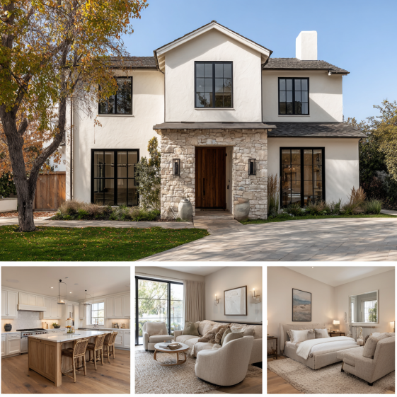 Luxury California Transitional exterior home in Pacific Palisades with white stucco, natural stone, and large windows.