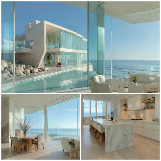 Modern minimalist oceanfront home exterior in Malibu with glass walls, a white and wood palette, and simple elegant landscaping.