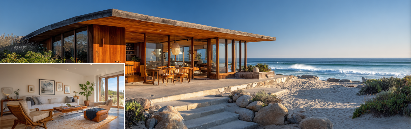 Mid-century furniture and low-slung seating in a living room with floor-to-ceiling glass in a Custom Home Design in Malibu.