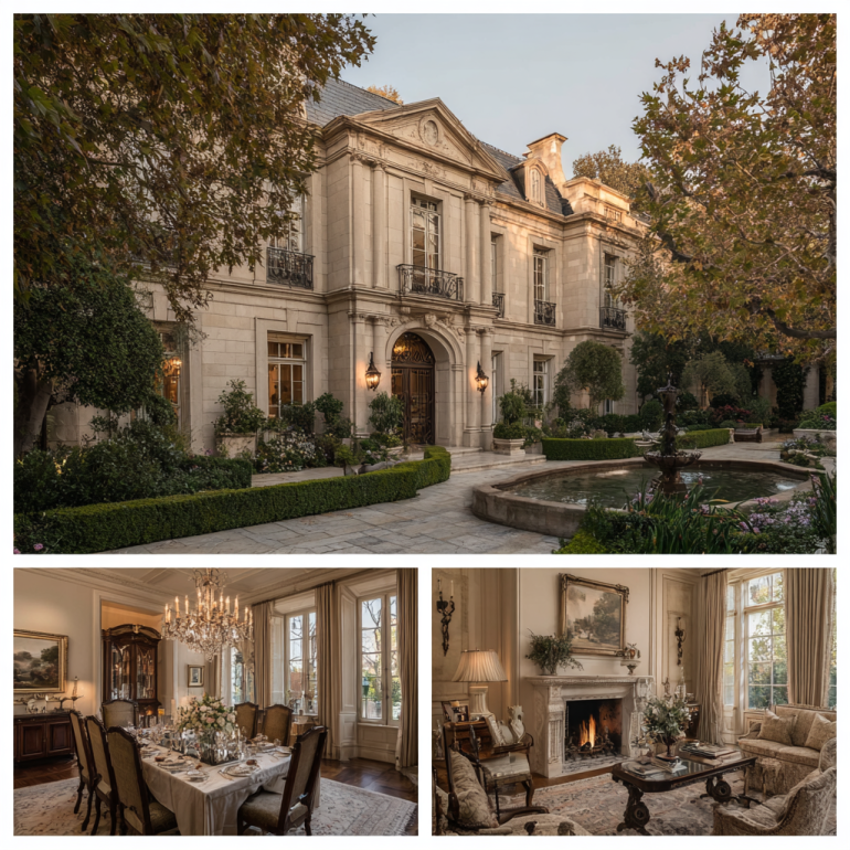 Formal dining room interior with a chandelier, classic mouldings, and marble accents in a Custom Home Design in Bel Air.