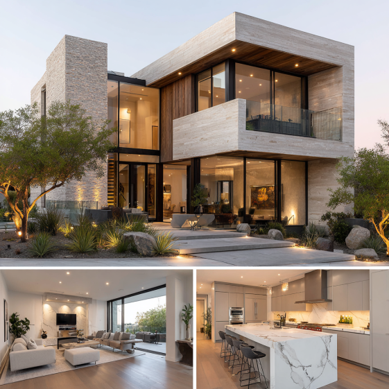 High-end living room interior with a large modern fireplace, stone feature wall, and neutral palette in Pacific Palisades.