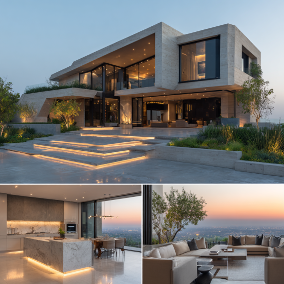 Ultra-clean minimalist luxury kitchen interior in a Custom Home Design in Bel Air, featuring a large stone island and integrated lighting.