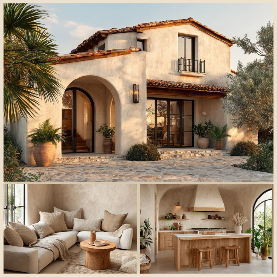 Mediterranean Coastal villa exterior in Serra Retreat, Malibu, with cream stucco, terracotta roof, and olive trees.