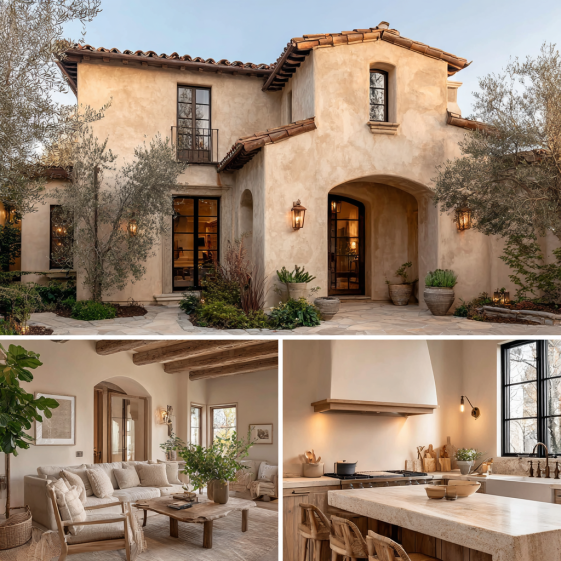 Exterior view of a modern Mediterranean villa in Brentwood Park with beige stucco walls, arched windows, and lush landscaping under sunset light.