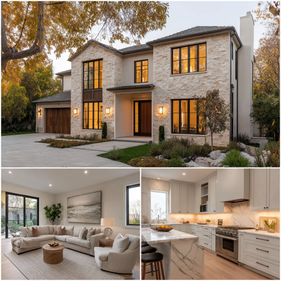 Ultra-realistic rendering of a modern transitional Custom Home Design in Brentwood facade with stone, stucco, and large windows.