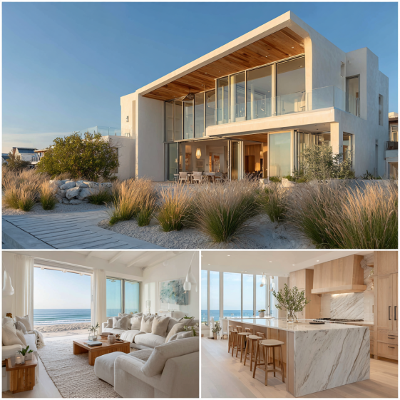 Coastal living room interior with panoramic ocean views, linen sofas, and a neutral palette in a Custom Home Design in Malibu.