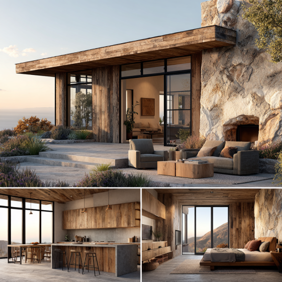 Exterior view of a rustic modern Custom Home Design in Malibu, featuring wood, stone, and glass, set in the canyon landscape.