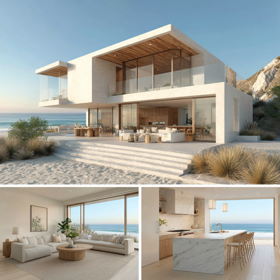 Panoramic view of the seamless indoor-outdoor living area of a Custom Home Design in Malibu with sliding glass walls.