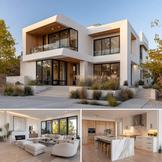 Sleek minimalist kitchen with light stone countertops, integrated appliances, and natural wood accents in a Custom Home Design in Brentwood.