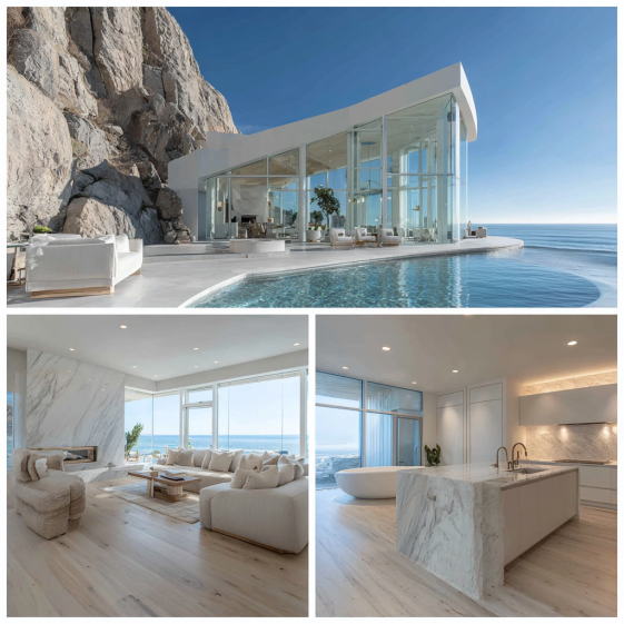 Minimalist kitchen interior with a large stone waterfall island and seamless white cabinetry in a Custom Home Design in Malibu.