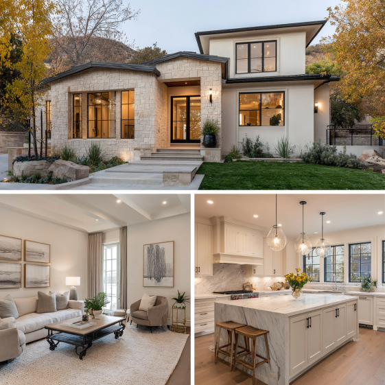 Transitional kitchen with stone countertops, flat-panel cabinetry, and matte brass fixtures in a Custom Home Design in Brentwood.