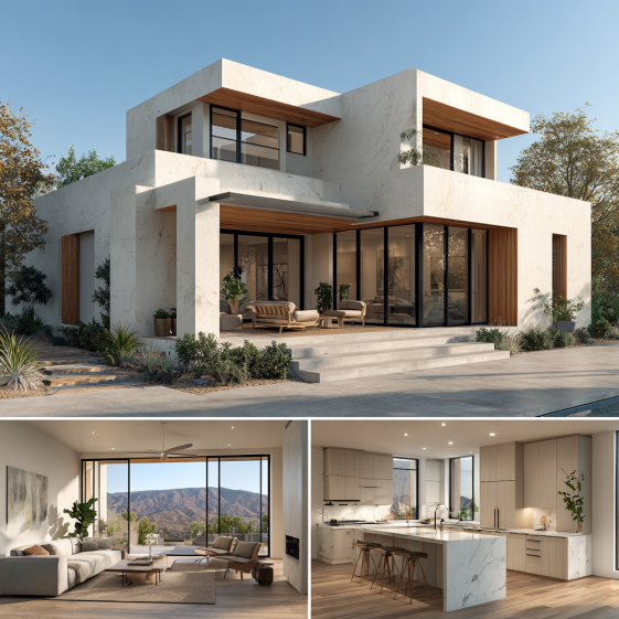 Open-plan living room interior with a neutral palette, light wood floors, and minimalist furniture in a Custom Home Design in Brentwood.