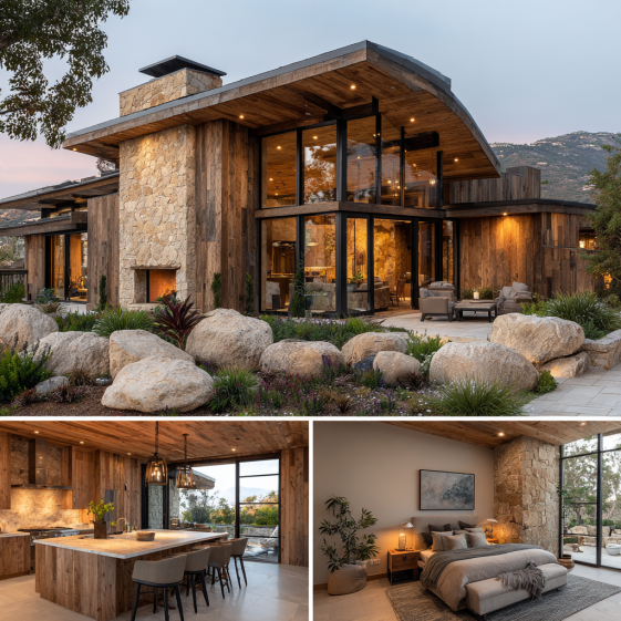 Rustic modern living room with a stone fireplace, wood ceiling, and neutral contemporary furniture in a Custom Home Design in Malibu.